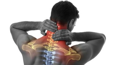 Man experiencing neck pain, with highlighted cervical spine and tense muscles, illustrating chiropractic care focus on neck pain treatment.