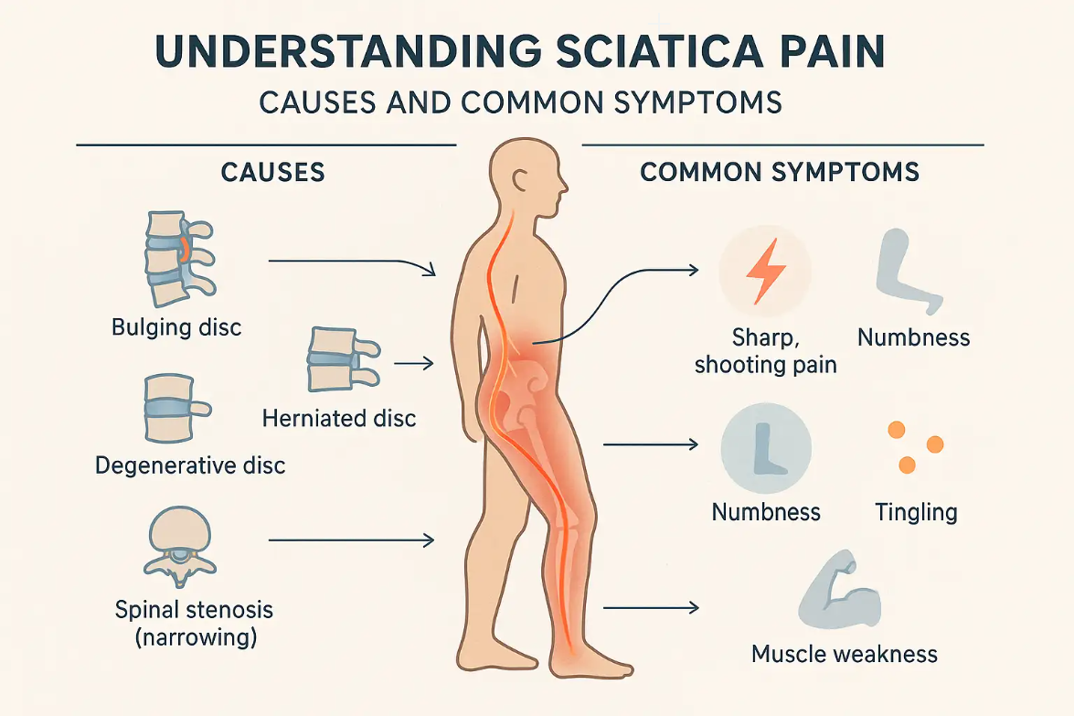 Understanding sciatica pain infographic illustrating causes like bulging and herniated discs, and symptoms including sharp pain, numbness, and muscle weakness.
