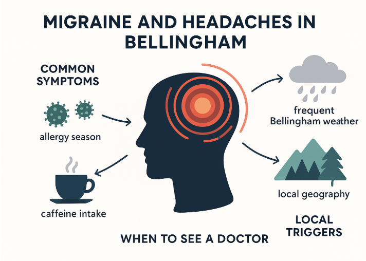 Minimalist infographic showing a human head with pain zones, surrounded by icons of pollen, rainclouds, mountains, trees, and a coffee cup representing migraine triggers in Bellingham. Labels identify common symptoms, local triggers, and when to see a doctor.