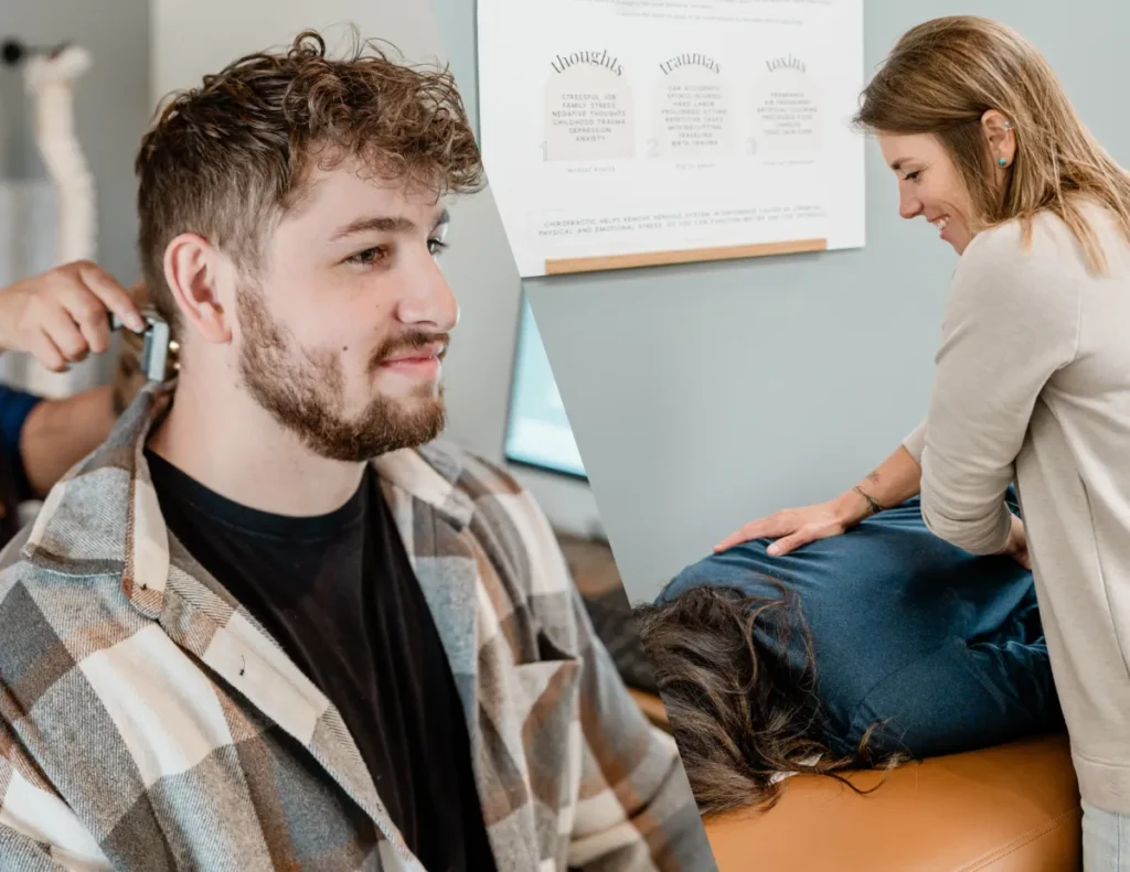 Man receiving chiropractic assessment and woman providing treatment, showcasing gentle care and modern techniques at Desert Pine Chiropractic.