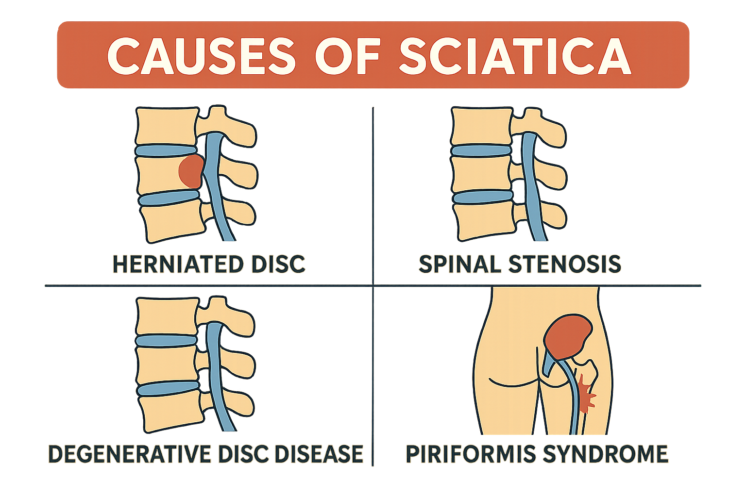 Causes of sciatica infographic illustrating herniated disc, spinal stenosis, degenerative disc disease, and piriformis syndrome, relevant to chiropractic evaluation and treatment for nerve pain.