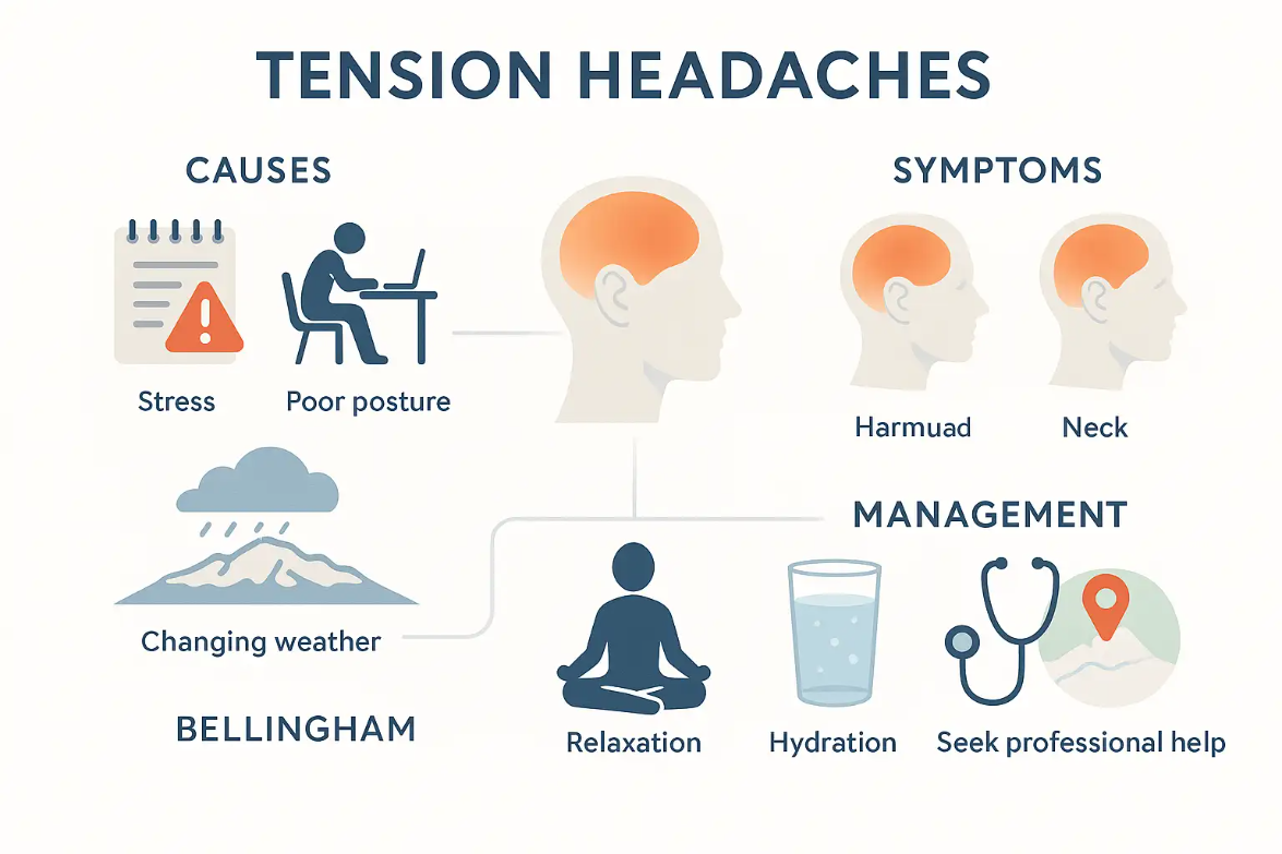 Infographic illustrating causes, symptoms, and management of tension headaches, highlighting stress, poor posture, changing weather, and strategies like relaxation and hydration.