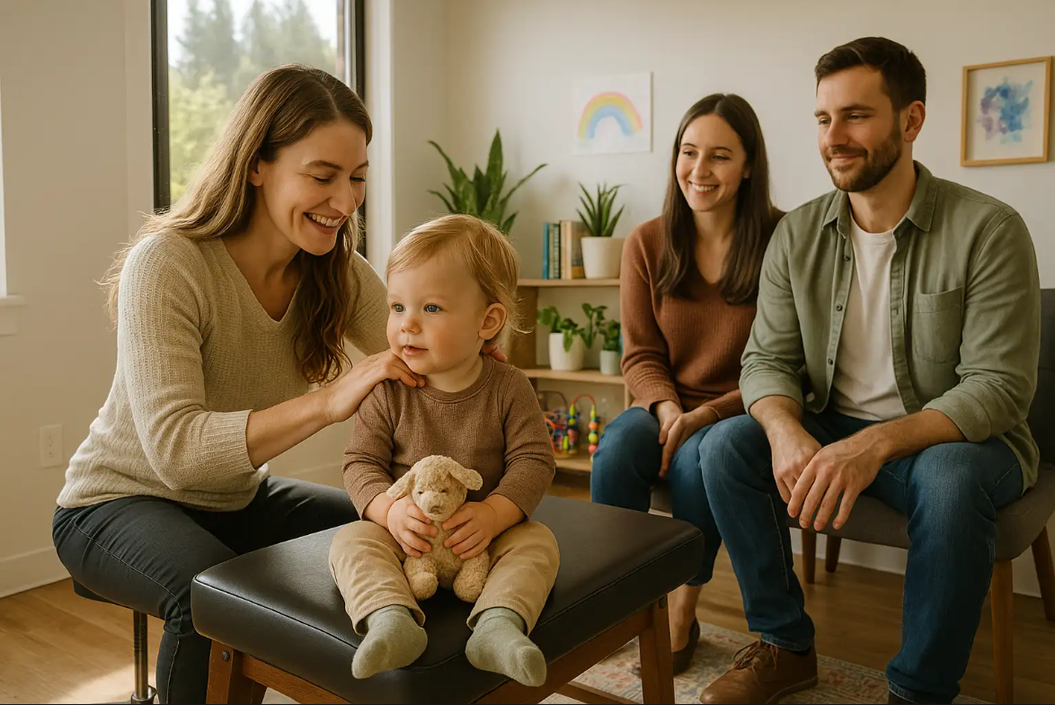Child sitting on a chair holding a stuffed animal, with a smiling chiropractor gently interacting, while two parents observe in a welcoming pediatric chiropractic office setting.