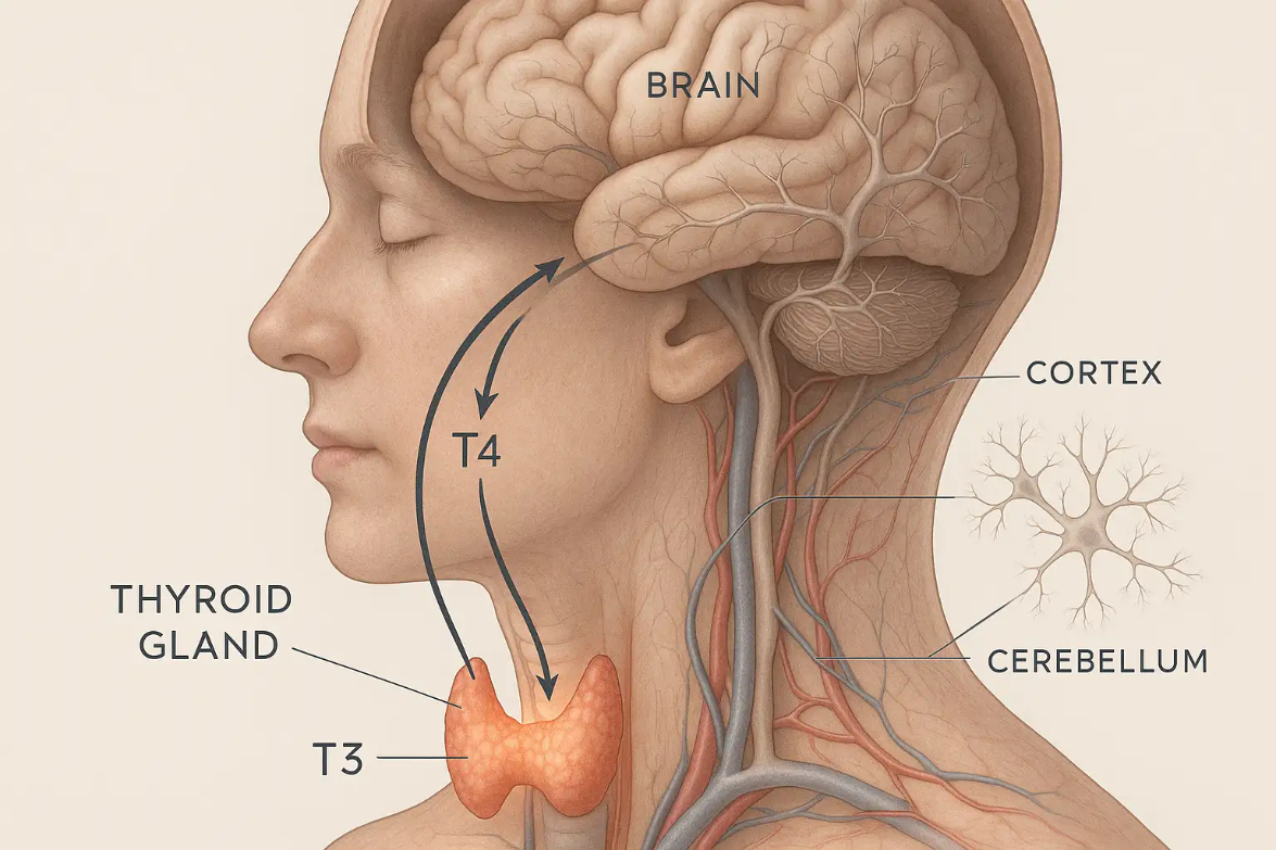 Illustration of human anatomy showing the brain, thyroid gland, and nervous system pathways, highlighting T3 and T4 hormone interactions relevant to thyroid function and nervous system health.
