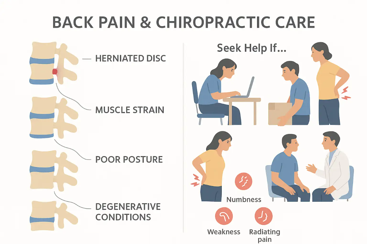 Infographic illustrating back pain causes and chiropractic care, highlighting herniated disc, muscle strain, poor posture, and degenerative conditions, with visual prompts for seeking help for symptoms like numbness, weakness, and radiating pain.