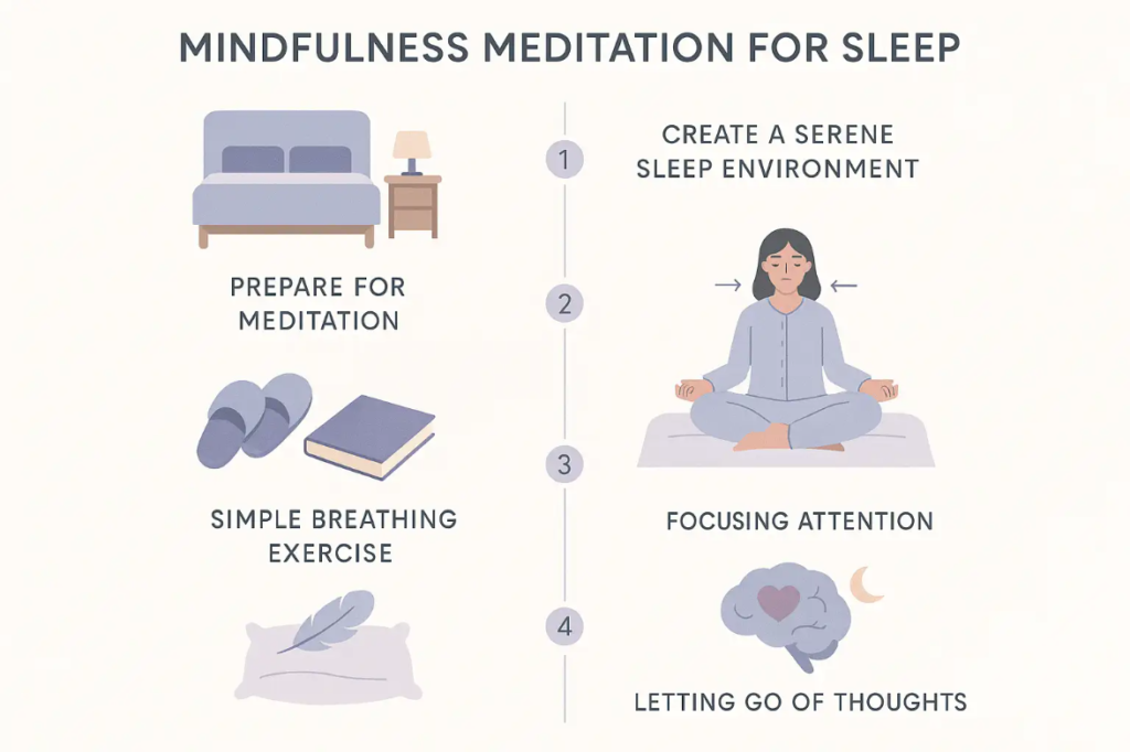 Mindfulness meditation for sleep infographic illustrating steps: preparing for meditation, creating a serene sleep environment, practicing simple breathing exercises, focusing attention, and letting go of thoughts.