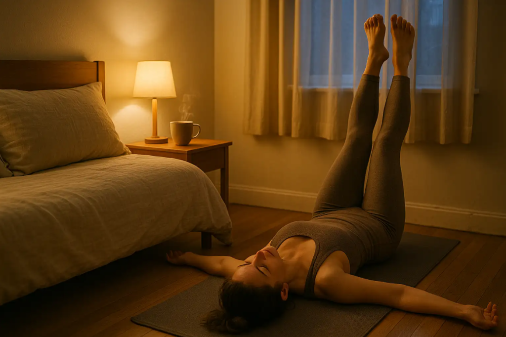 Woman practicing gentle yoga pose with legs raised, in a dimly lit bedroom, promoting relaxation and evening routines for better sleep.