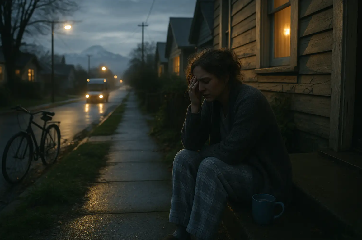 Woman sitting on porch in pajamas, holding head in distress, reflecting sleeplessness and anxiety, with a bicycle nearby and dim streetlights illuminating a rainy evening.