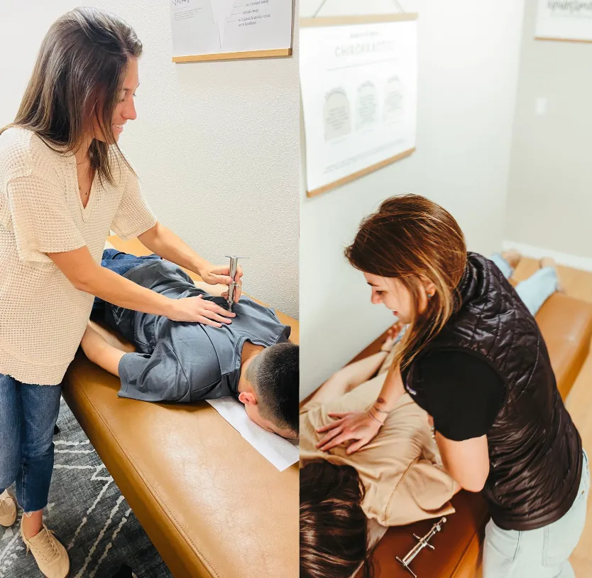 Chiropractor performing Torque Release Technique adjustments on patients in a clinical setting, demonstrating gentle spinal care with an Integrator tool.