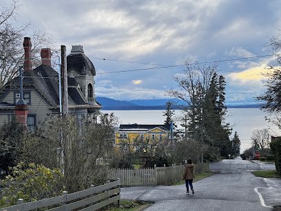 Scenic view of South Hill in Bellingham, featuring historic architecture, a coastal landscape, and a person walking along a residential street.