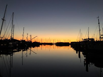 Sunset reflection over the calm waters of Bellingham marina, with silhouetted boats and masts against a colorful sky.